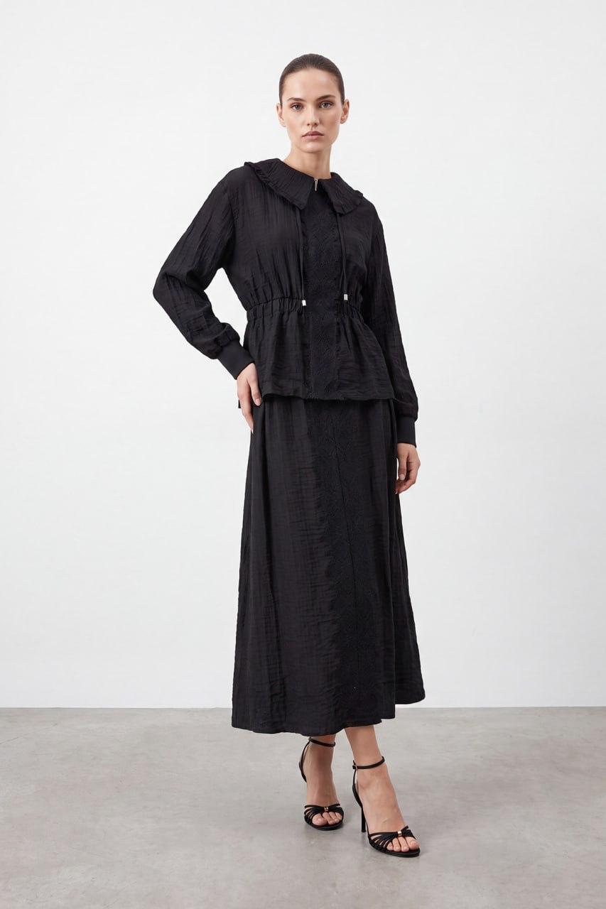 Puane Embroidered Two-Piece Skirt Set with Adjustable Drawstring Waist & Zip Detail - Black