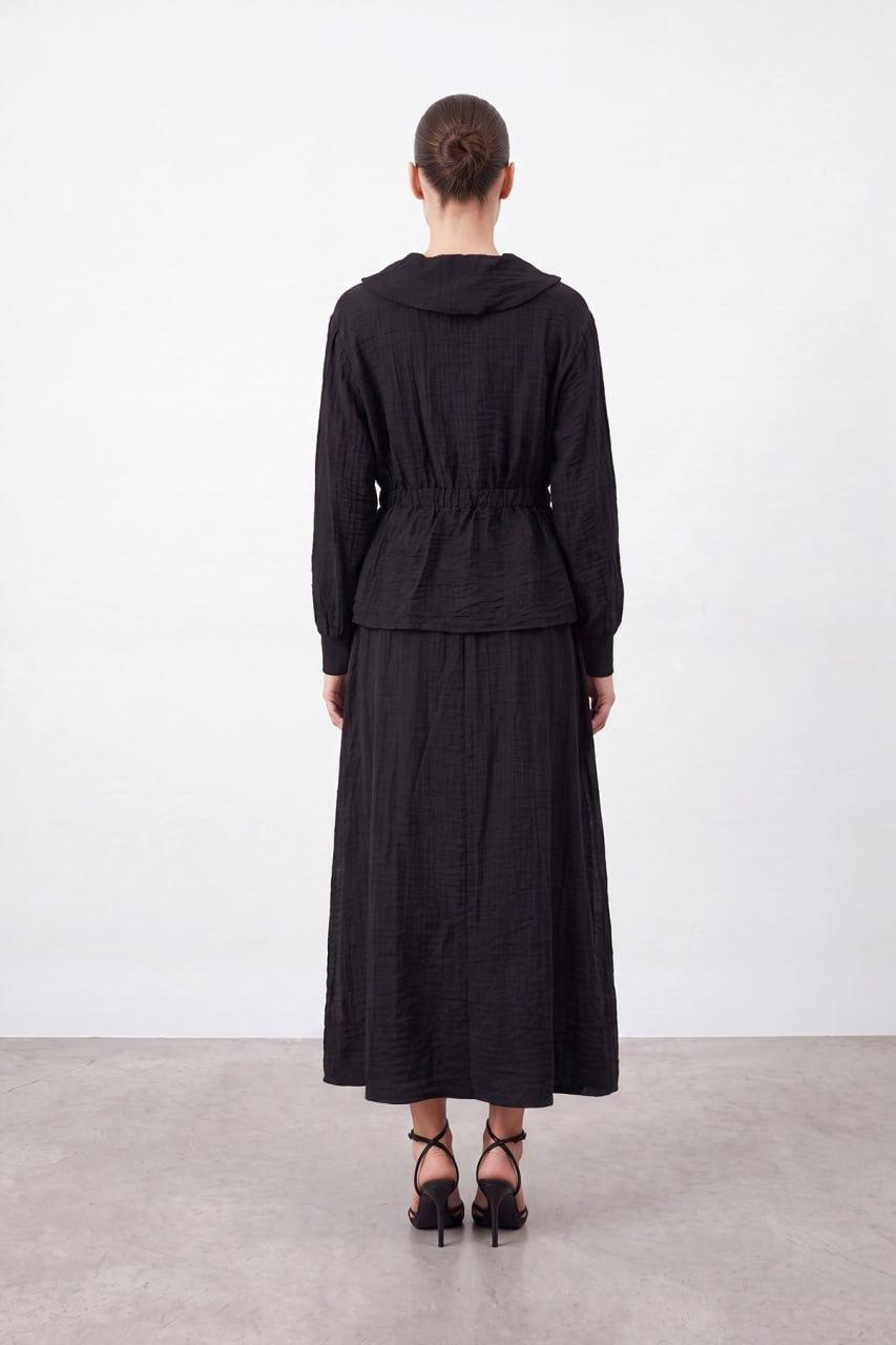 Puane Embroidered Two-Piece Skirt Set with Adjustable Drawstring Waist & Zip Detail - Black