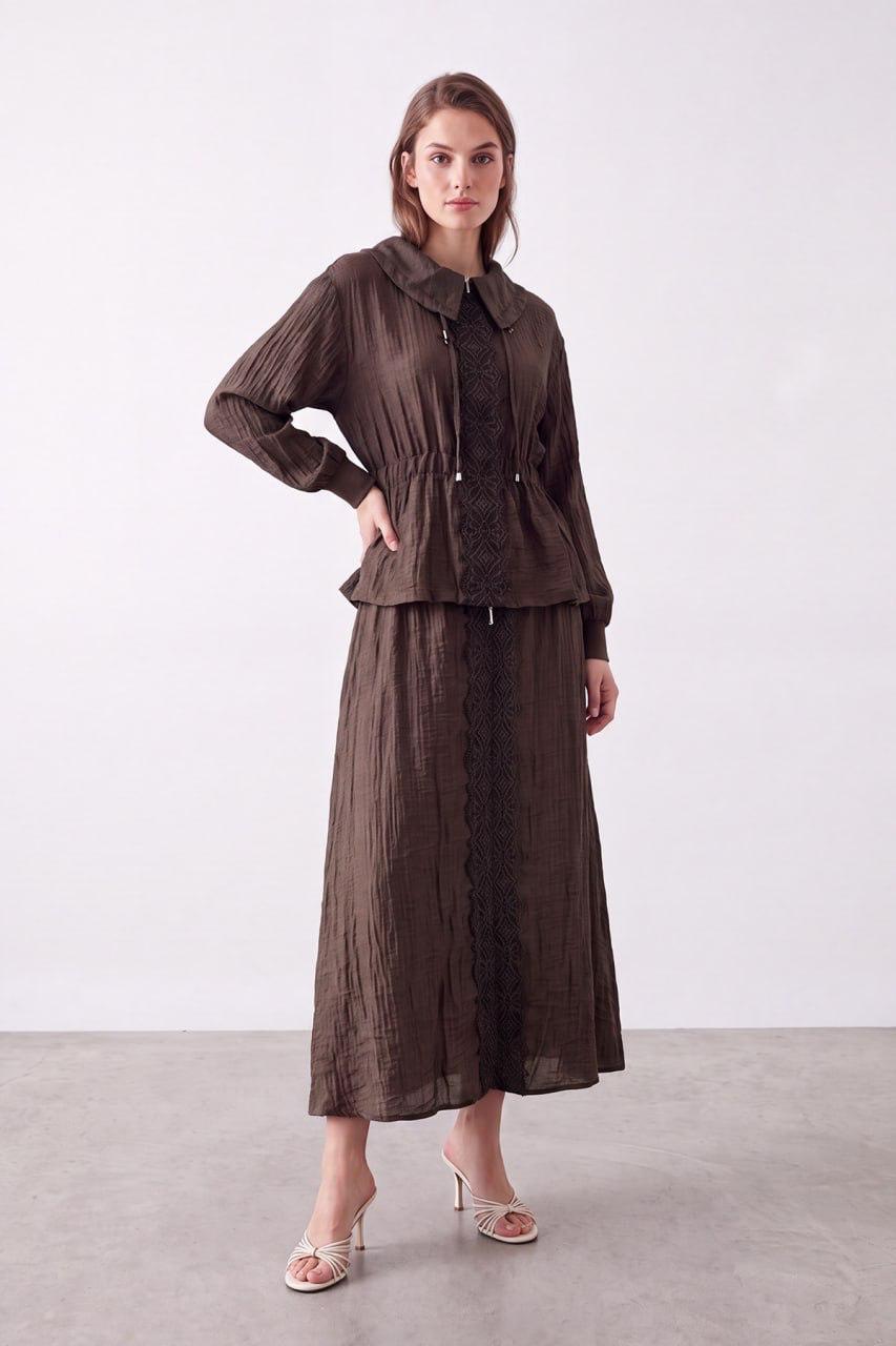 Puane Embroidered Two-Piece Skirt Set with Adjustable Drawstring Waist & Zip Detail - Brown