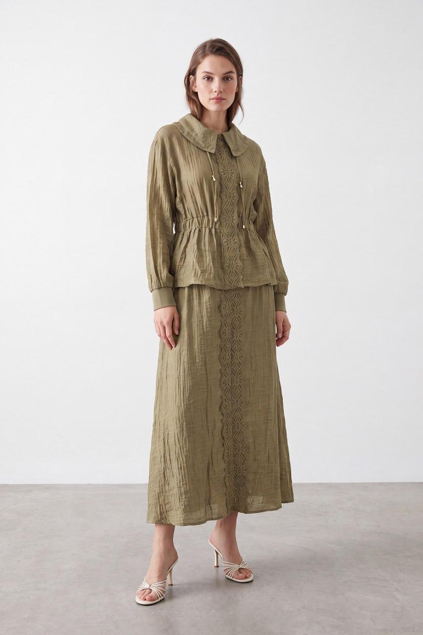 Puane Embroidered Two-Piece Skirt Set with Adjustable Drawstring Waist & Zip Detail - Olive