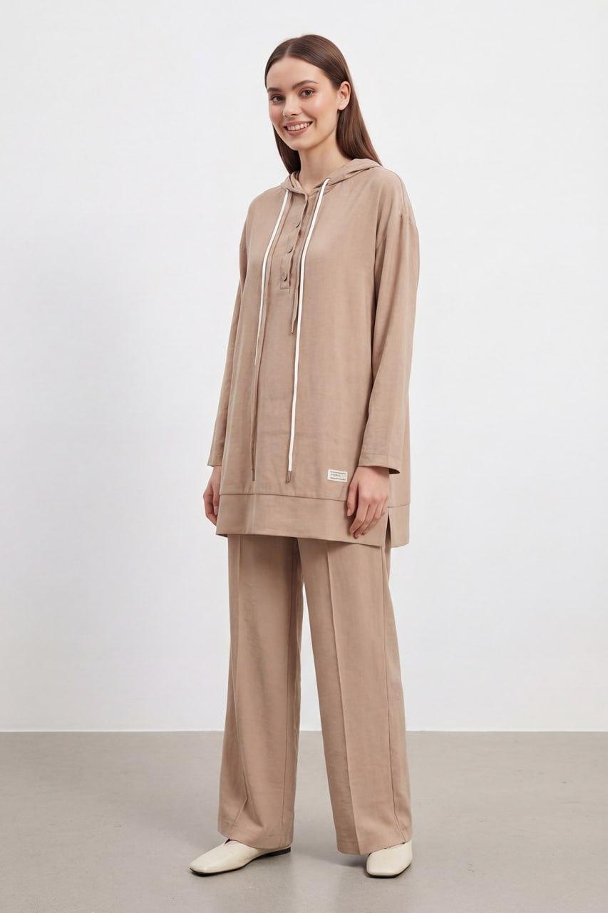 Puane Hooded Two-Piece Pants Set with Snap-Button Detail - Camel Beige