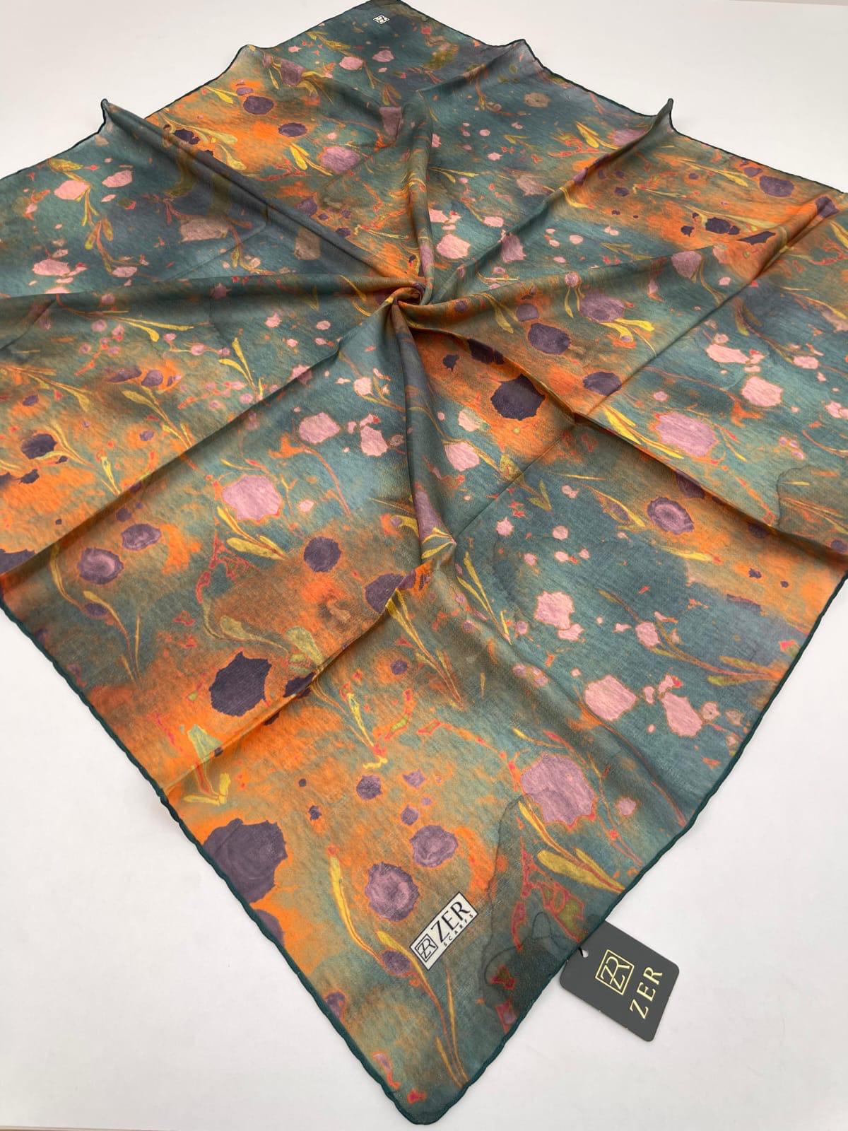Zer Ebru Marbling Scarf - Green Teal