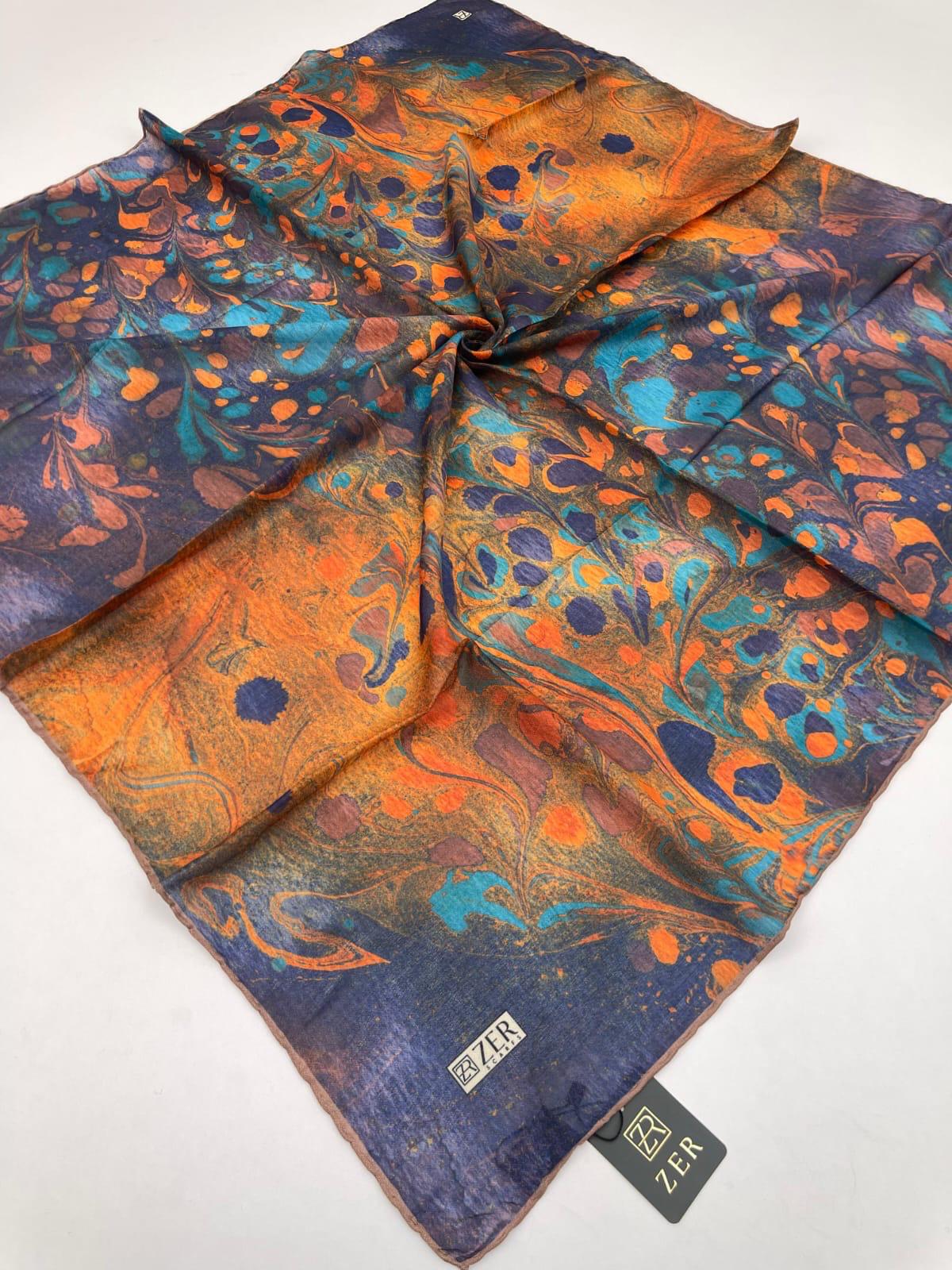Zer Ebru Marbling Scarf - Navy Orange