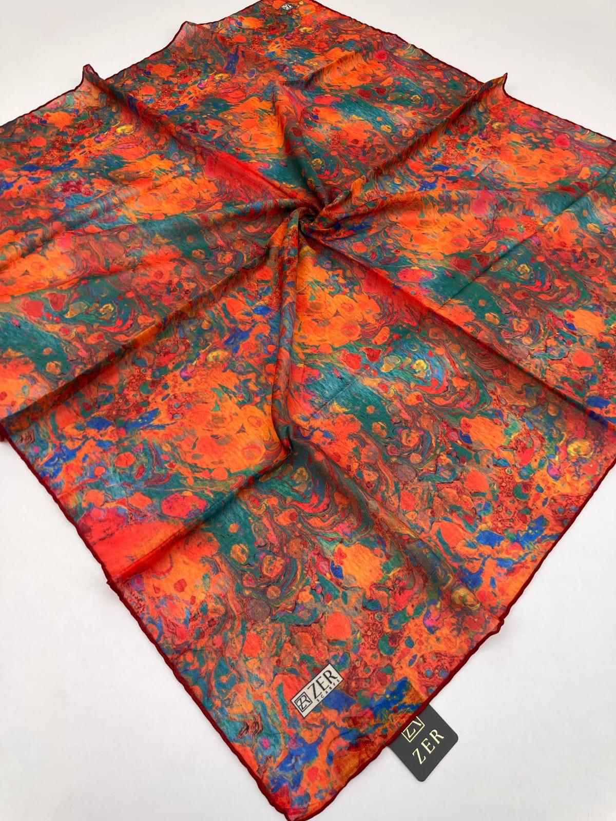 Zer Ebru Marbling Scarf - Orange
