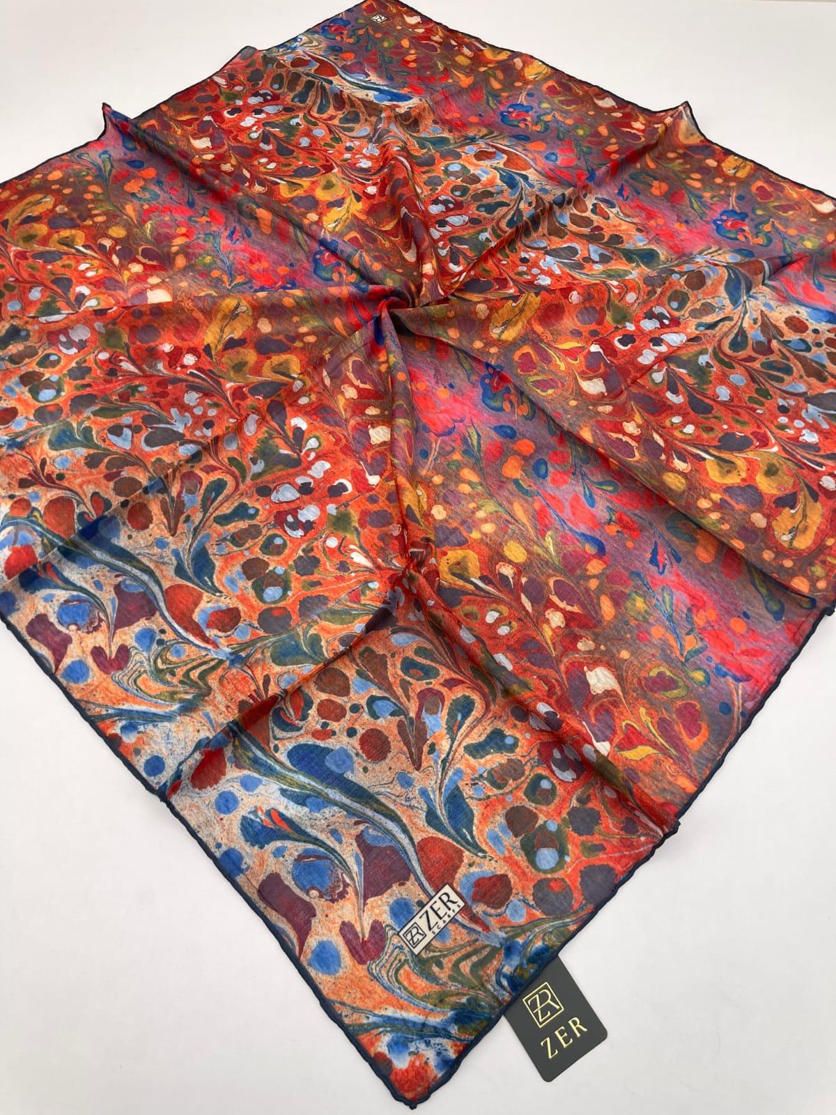 Zer Ebru Marbling Scarf - Poppy