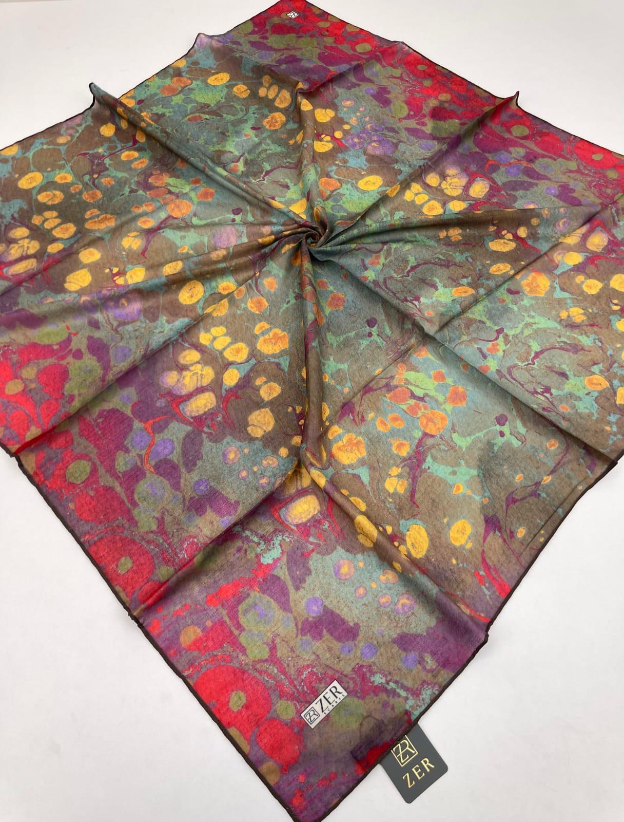 Zer Ebru Marbling Scarf - Raspberry Green