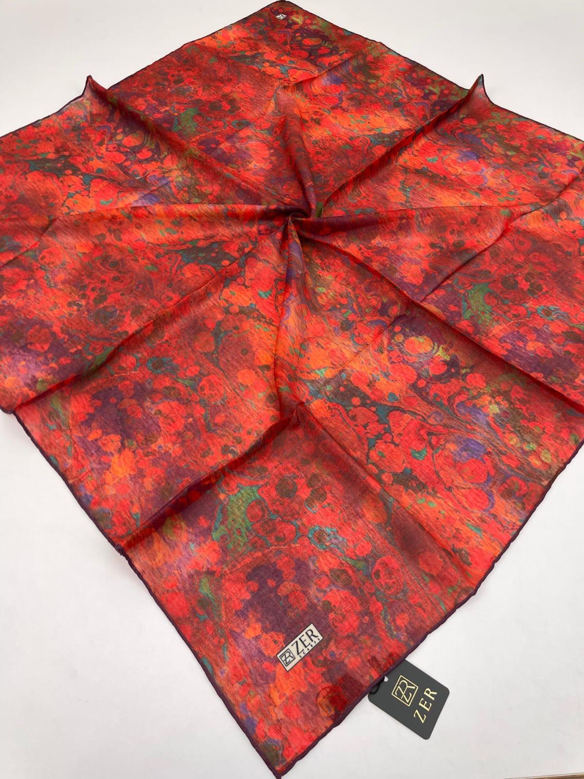 Zer Ebru Marbling Scarf - Red