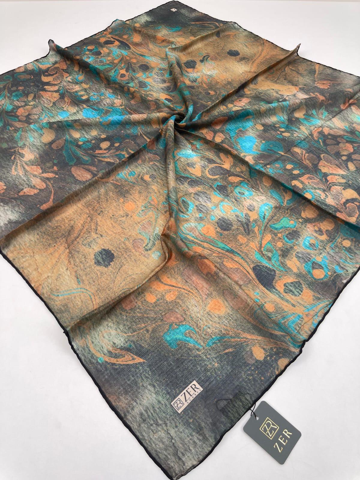 Zer Ebru Marbling Scarf - Teal Black