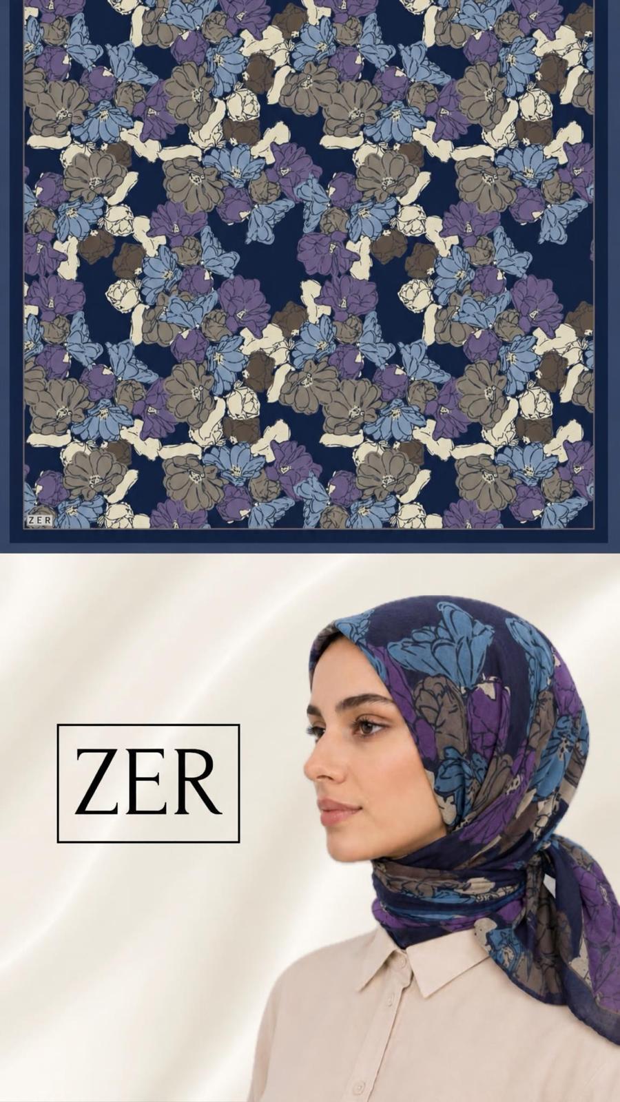 Zer Silky-Look Modal Floral Scarf - Navy