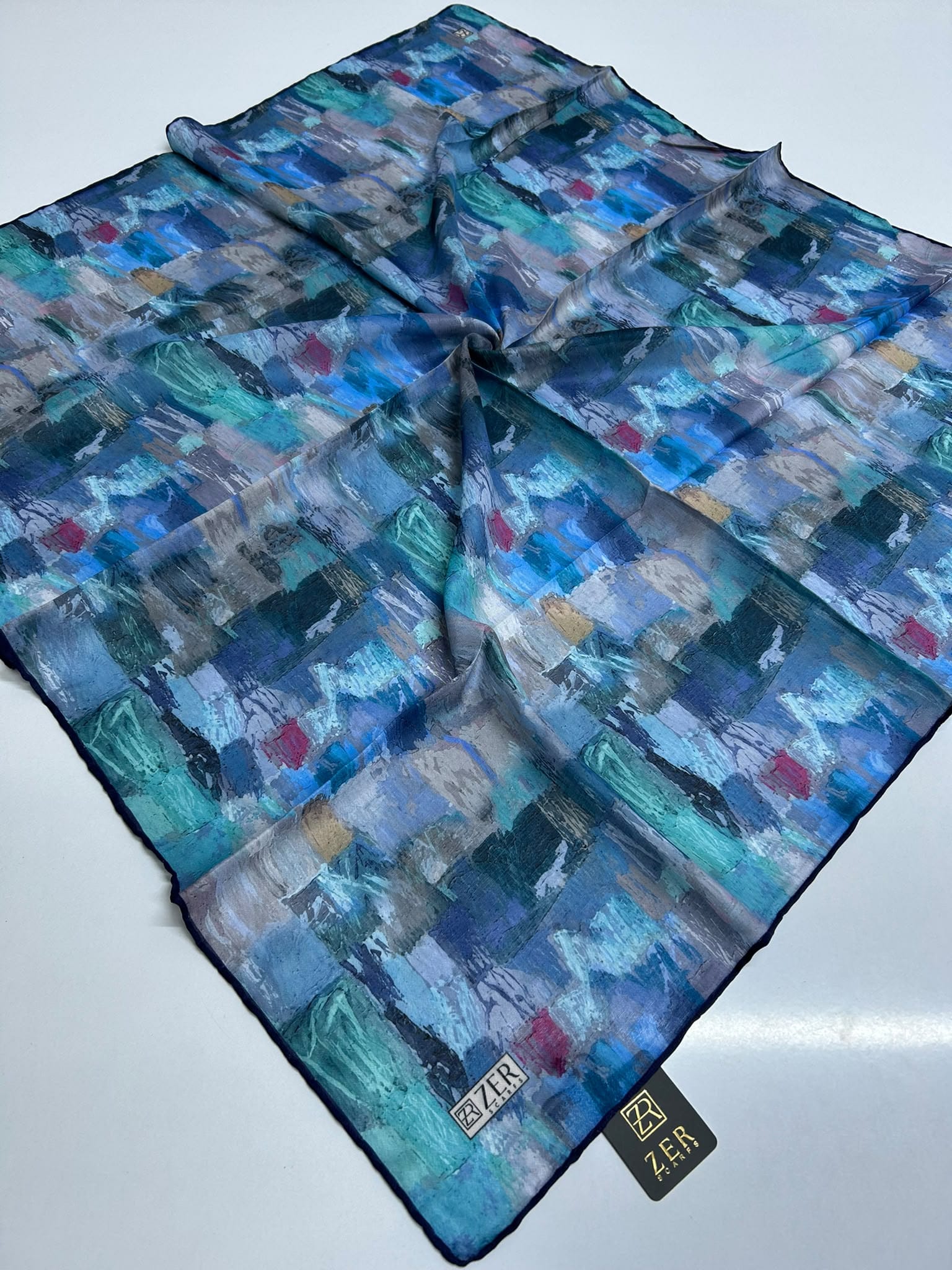 Zer Watercolor Abstract Scarf - Cobalt Blue