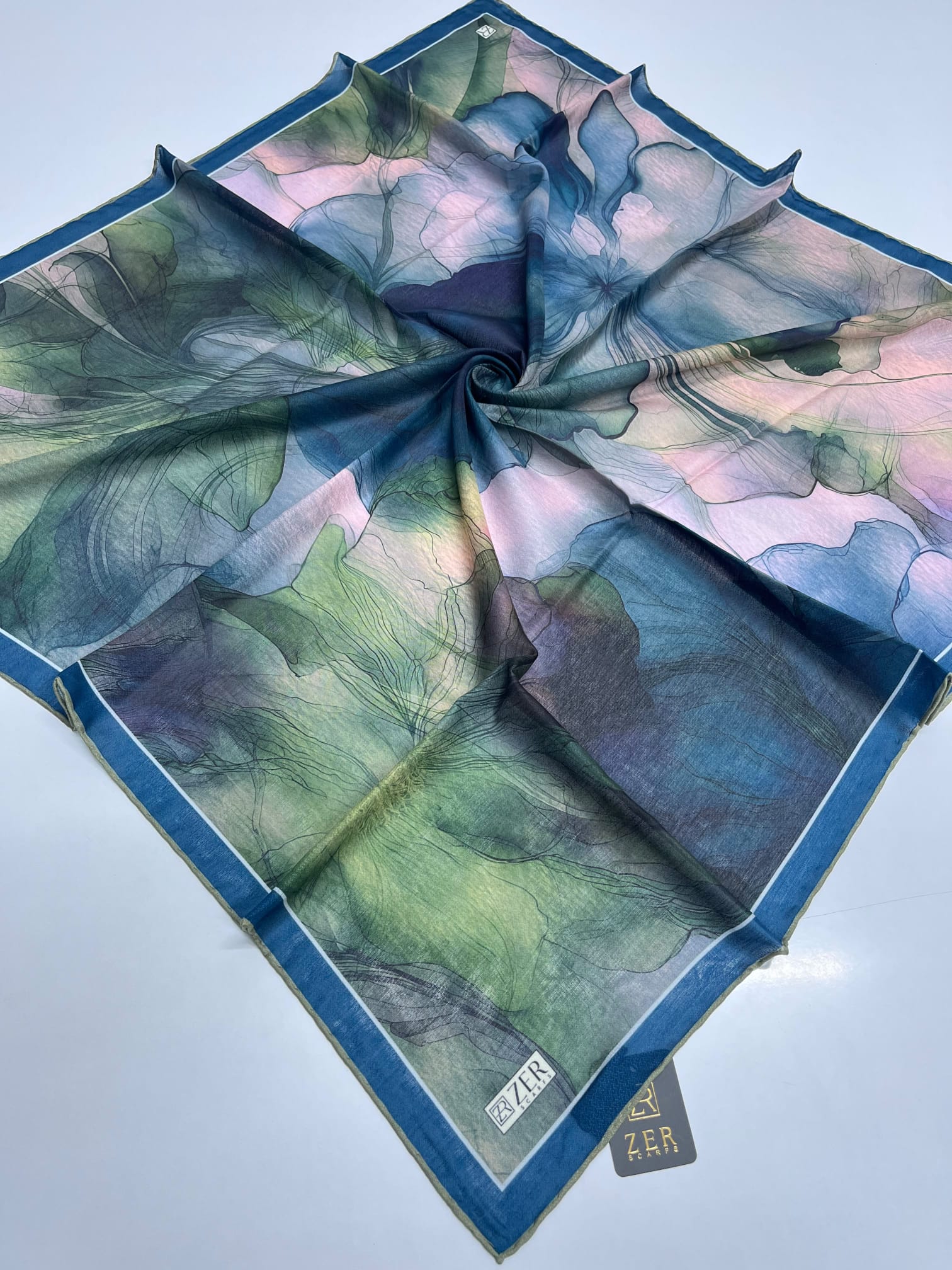 Zer Watercolor Floral Scarf - Ocean Blue